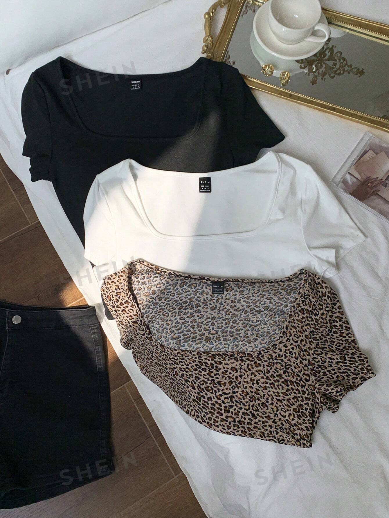 EZwear 3pcs Women Leopard Print Crew Neck Short Sleeve Cropped Fitted Casual T-Shirts, Summer