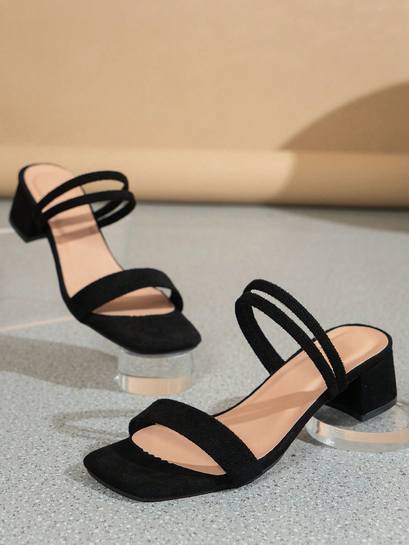 Elegant Black High-Heeled Sandals With Thin Straps And Faux Suede Finish, Open-Toe And Ankle Straps For Short And Wide Feet