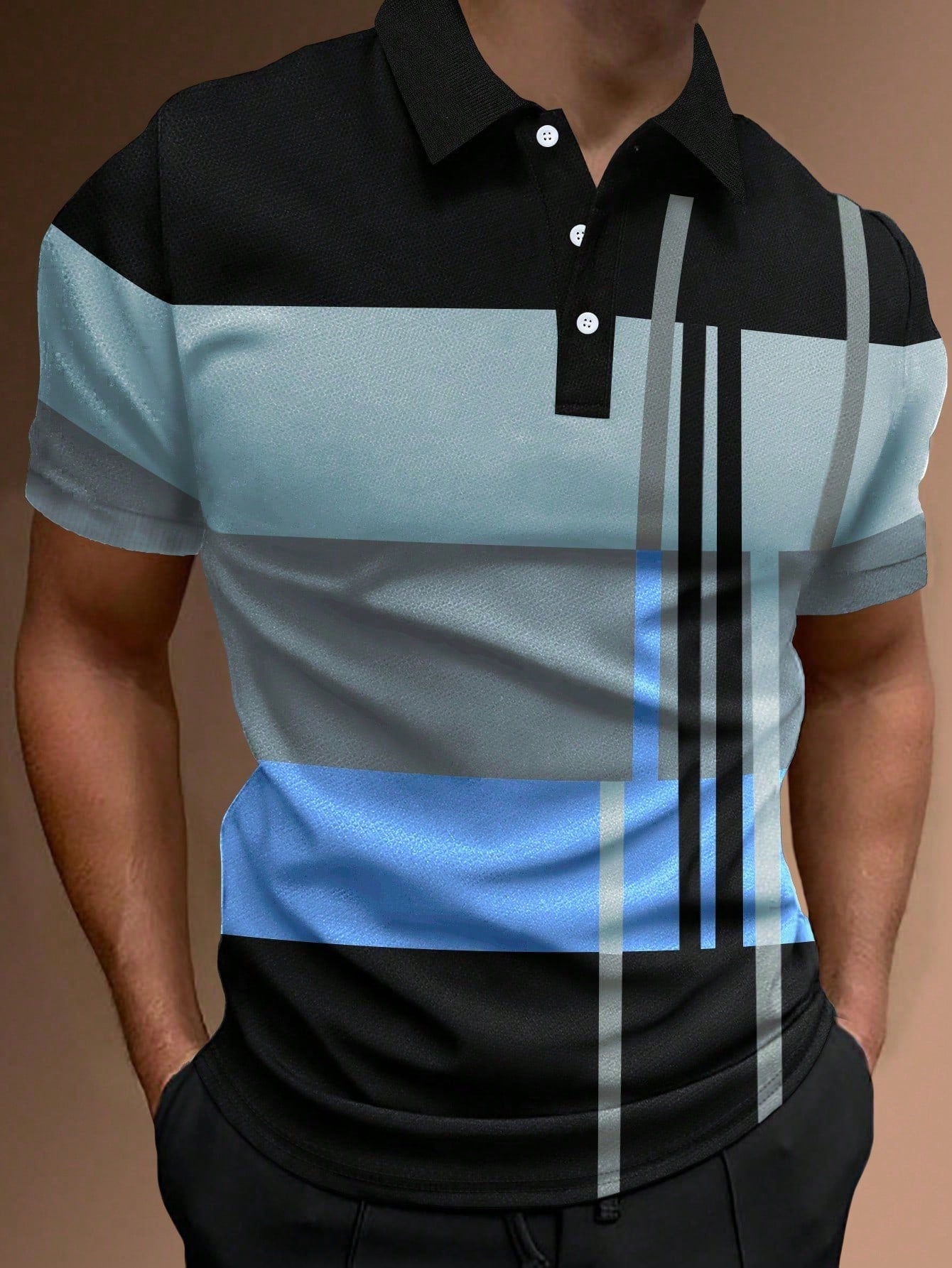 Manfinity Homme Men Work Casual Striped Print Colorblock Button Polo Shirt, Boyfriend Gift