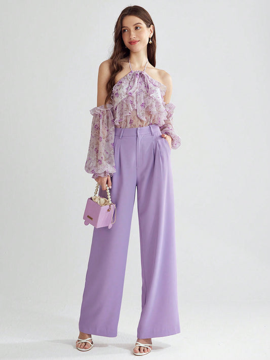 Solid Zipper Fly Wide Leg Pants