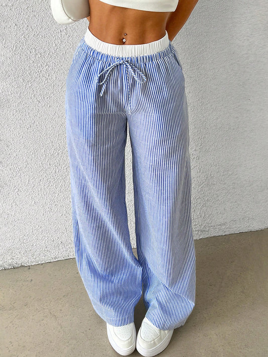 EZwear Navy Striped Print Knot Front Woven Women's Pants