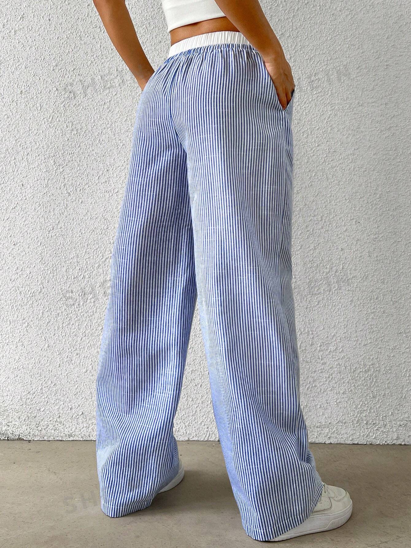 EZwear Navy Striped Print Knot Front Woven Women's Pants