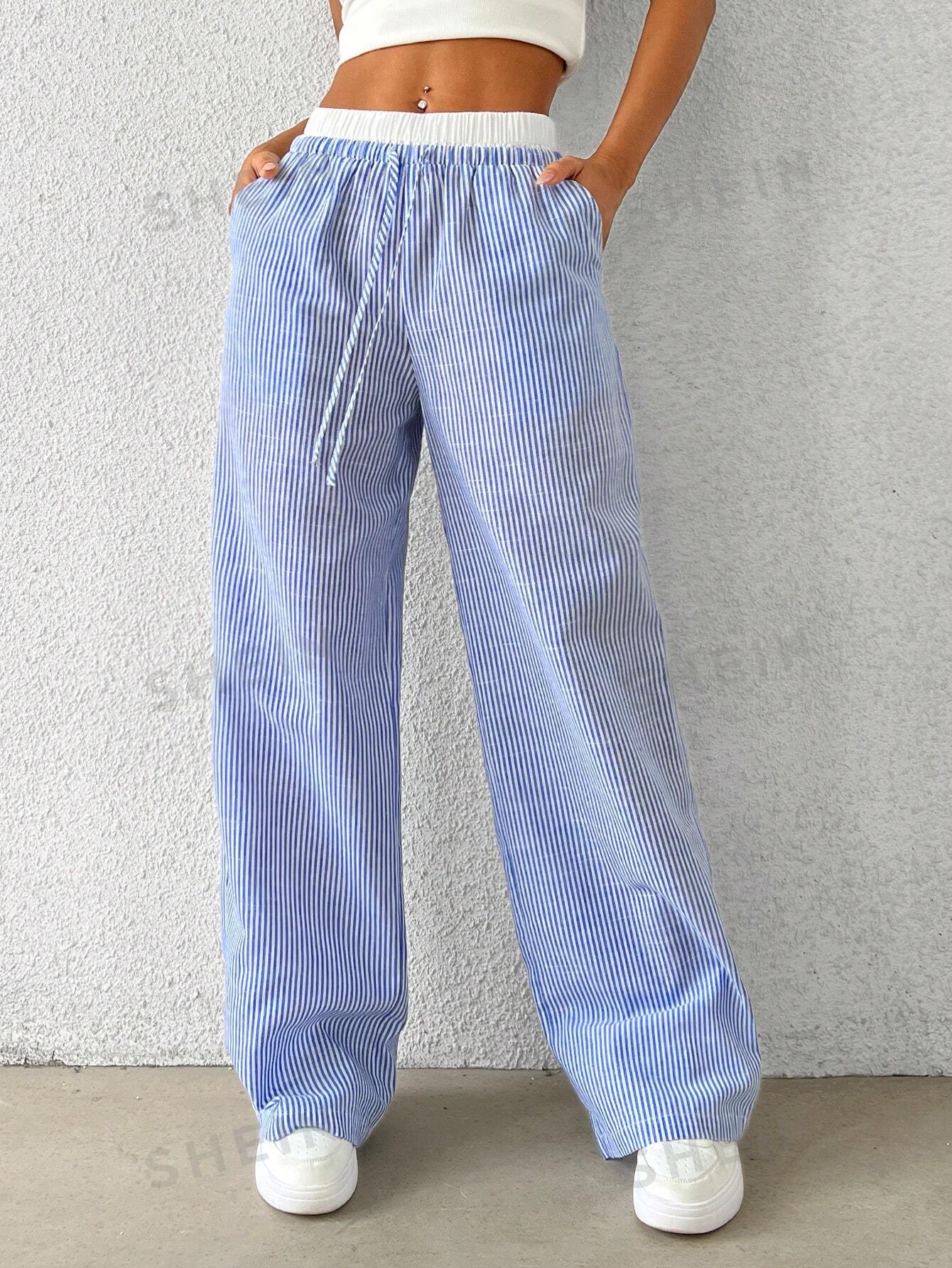 EZwear Navy Striped Print Knot Front Woven Women's Pants