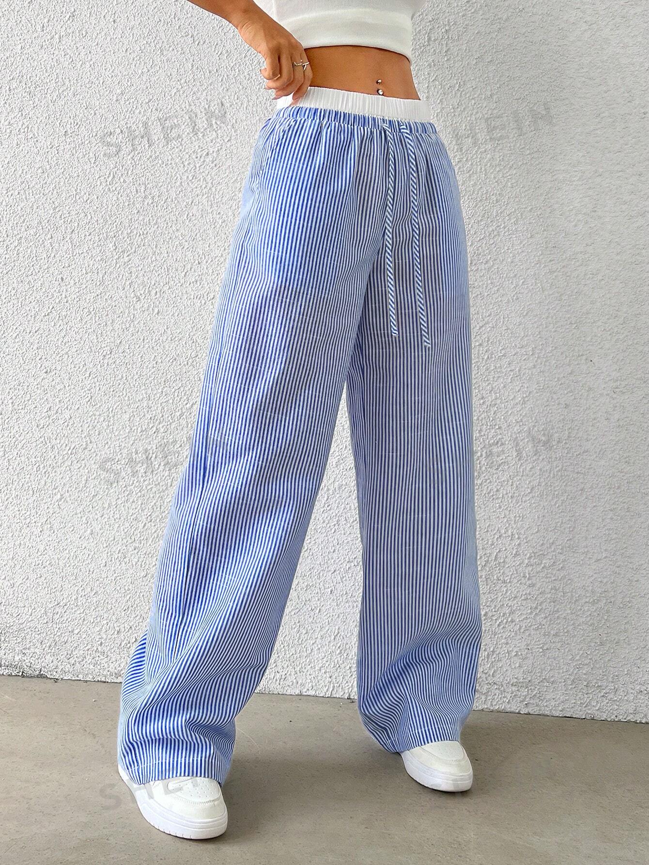 EZwear Navy Striped Print Knot Front Woven Women's Pants