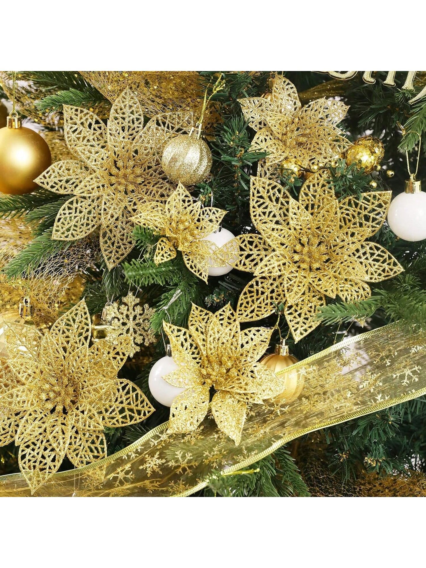 18 Pieces Of 3 Different Sizes Of Sparkling Gold Christmas Tree Decorations, Sparkling Red Shrub Christmas Flowers Christmas/Holidays/Seasons/Weddings Christmas