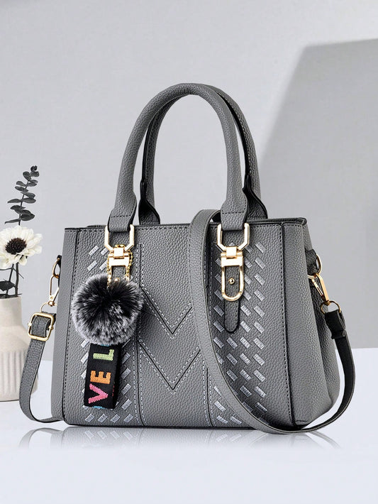 New Shoulder Handbag With Fur Ball Pendant, Casual Style, Mother's Day Gift For Mom, Must-Have For Mom, Perfect For Office, College, Work, Business, Commuting, Outdoor, Travel, Outing