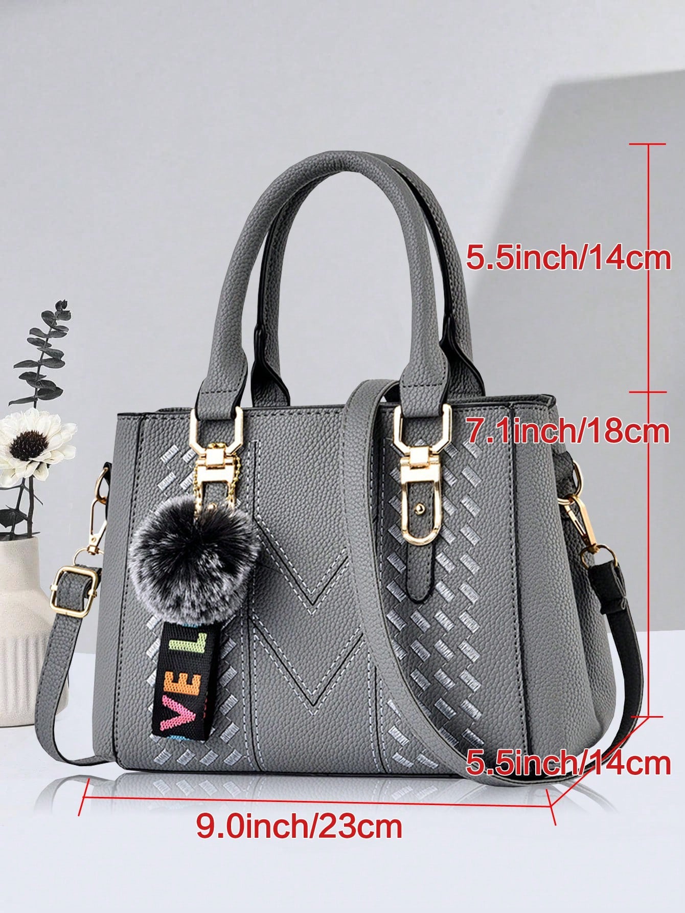 New Shoulder Handbag With Fur Ball Pendant, Casual Style, Mother's Day Gift For Mom, Must-Have For Mom, Perfect For Office, College, Work, Business, Commuting, Outdoor, Travel, Outing