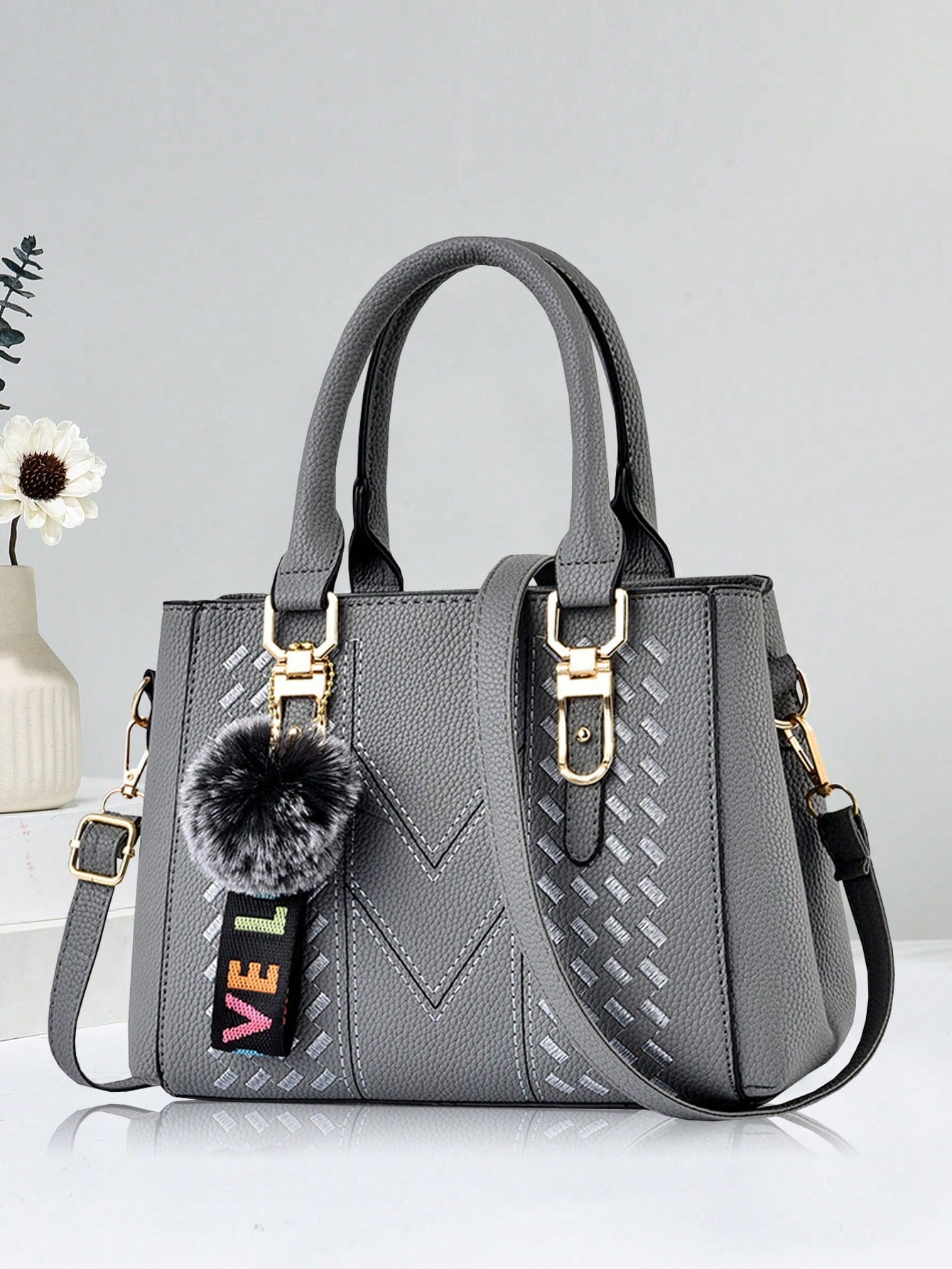 New Shoulder Handbag With Fur Ball Pendant, Casual Style, Mother's Day Gift For Mom, Must-Have For Mom, Perfect For Office, College, Work, Business, Commuting, Outdoor, Travel, Outing