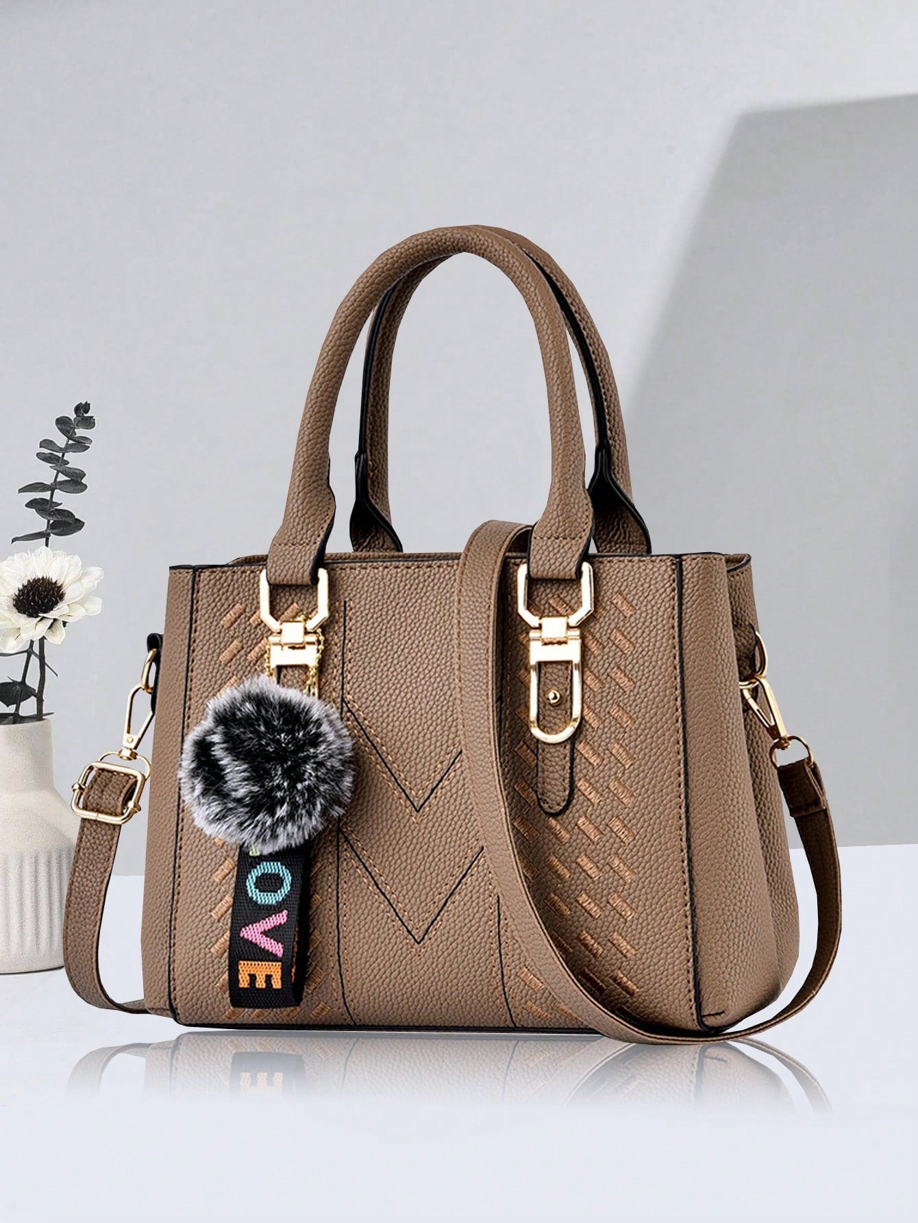 New Shoulder Handbag With Fur Ball Pendant, Casual Style, Mother's Day Gift For Mom, Must-Have For Mom, Perfect For Office, College, Work, Business, Commuting, Outdoor, Travel, Outing