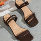 Elegant Brown High Heel Sandals With Thin Strap, Faux Suede, Square Toe, And Ankle Strap