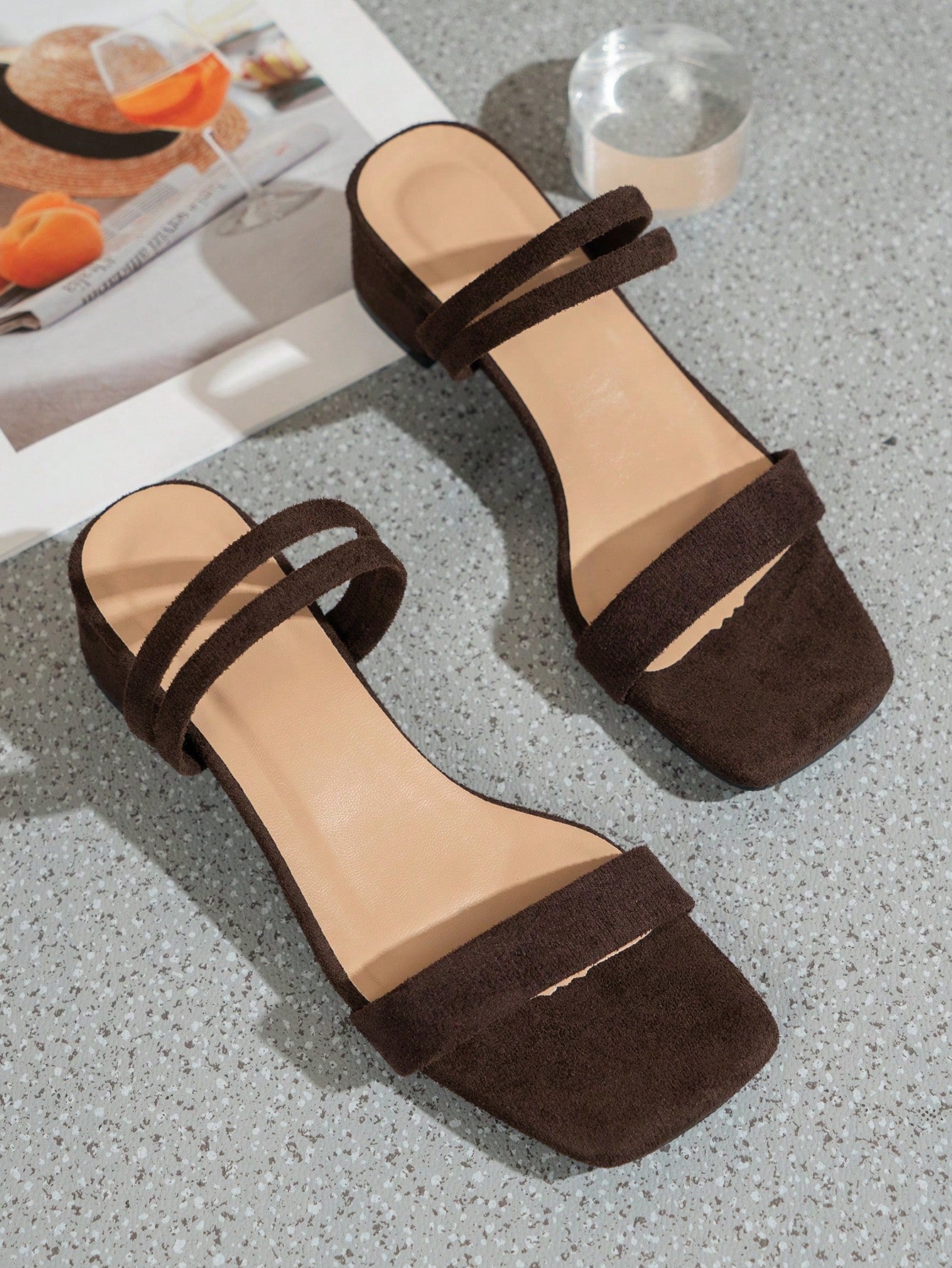 Elegant Brown High Heel Sandals With Thin Strap, Faux Suede, Square Toe, And Ankle Strap