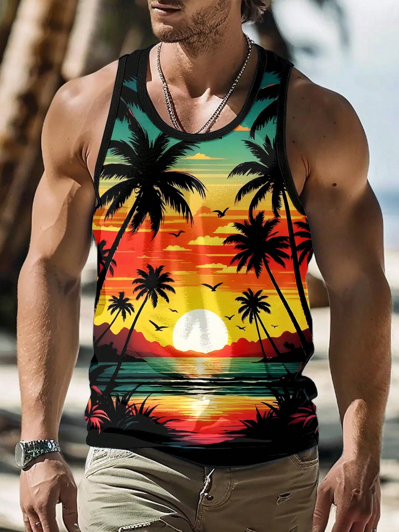 Manfinity RSRT Men Tropical Print Tank Top For Summer