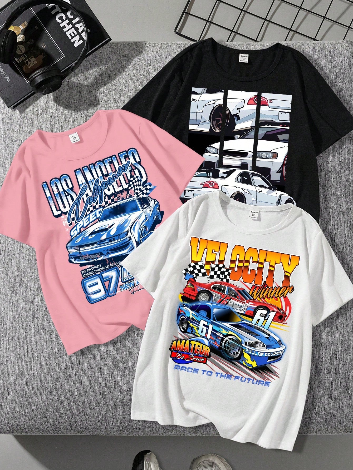 EZwear 3pcs Casual Minimalist Car Pattern Loose Fit Women's Short Sleeve T-Shirt, Summer, SPEED NEW ADVENTURES STRAIGHT TOWARDS THE GOALS 97 NEW AMATEUR Be Brave RACE TO THE FUTURE VELOCITY  61 FULL OF COURAGE