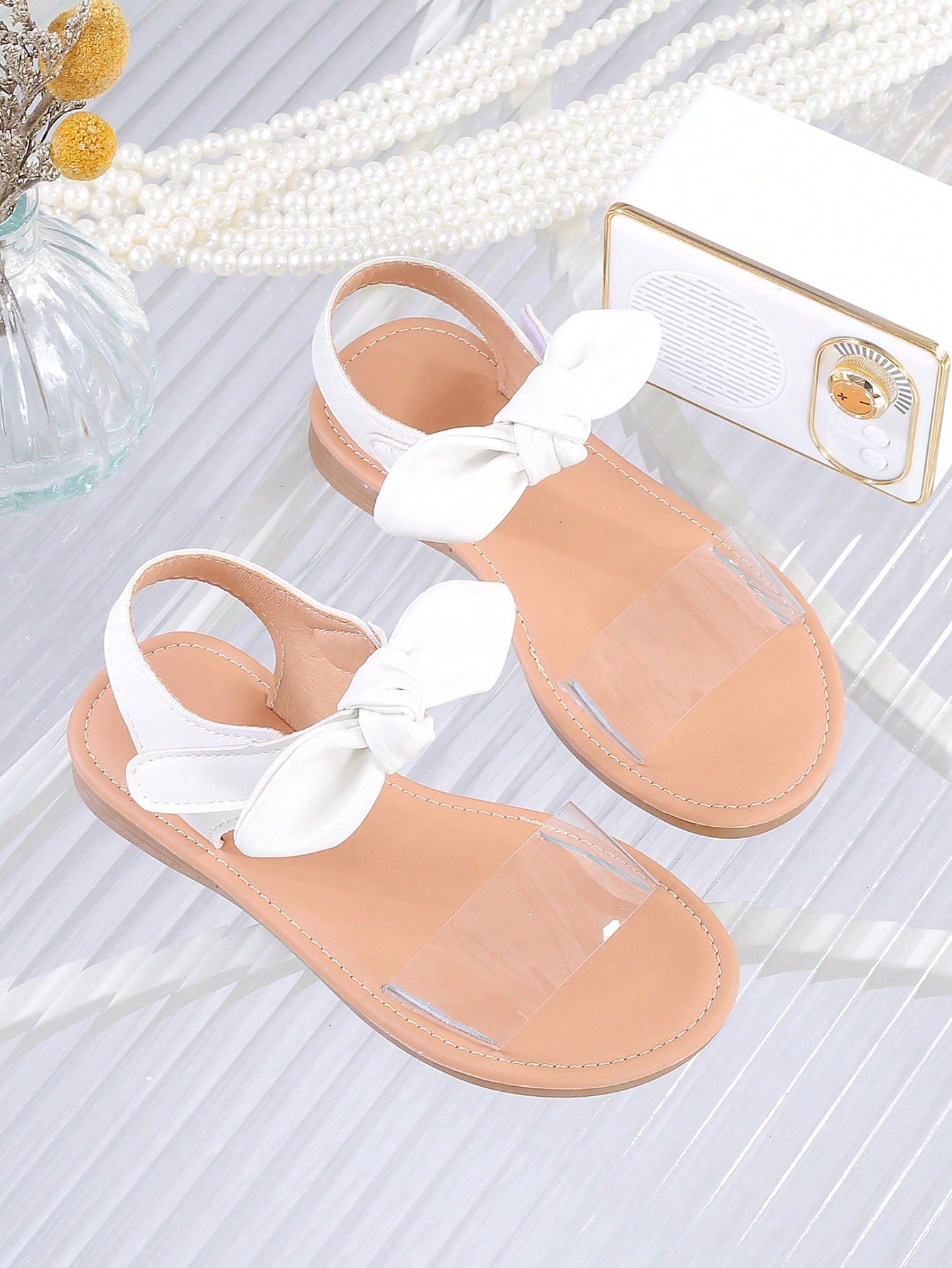 1 Pair Girls' Breathable Open-Toe Flat Sandals With Hook And Loop Straps, Suitable For Summer