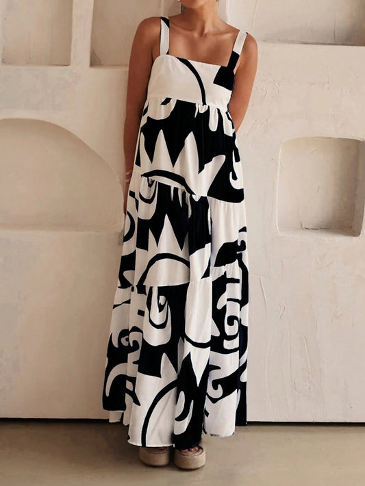 Holiday Casual Random Printed Swing Maxi Cami Dress