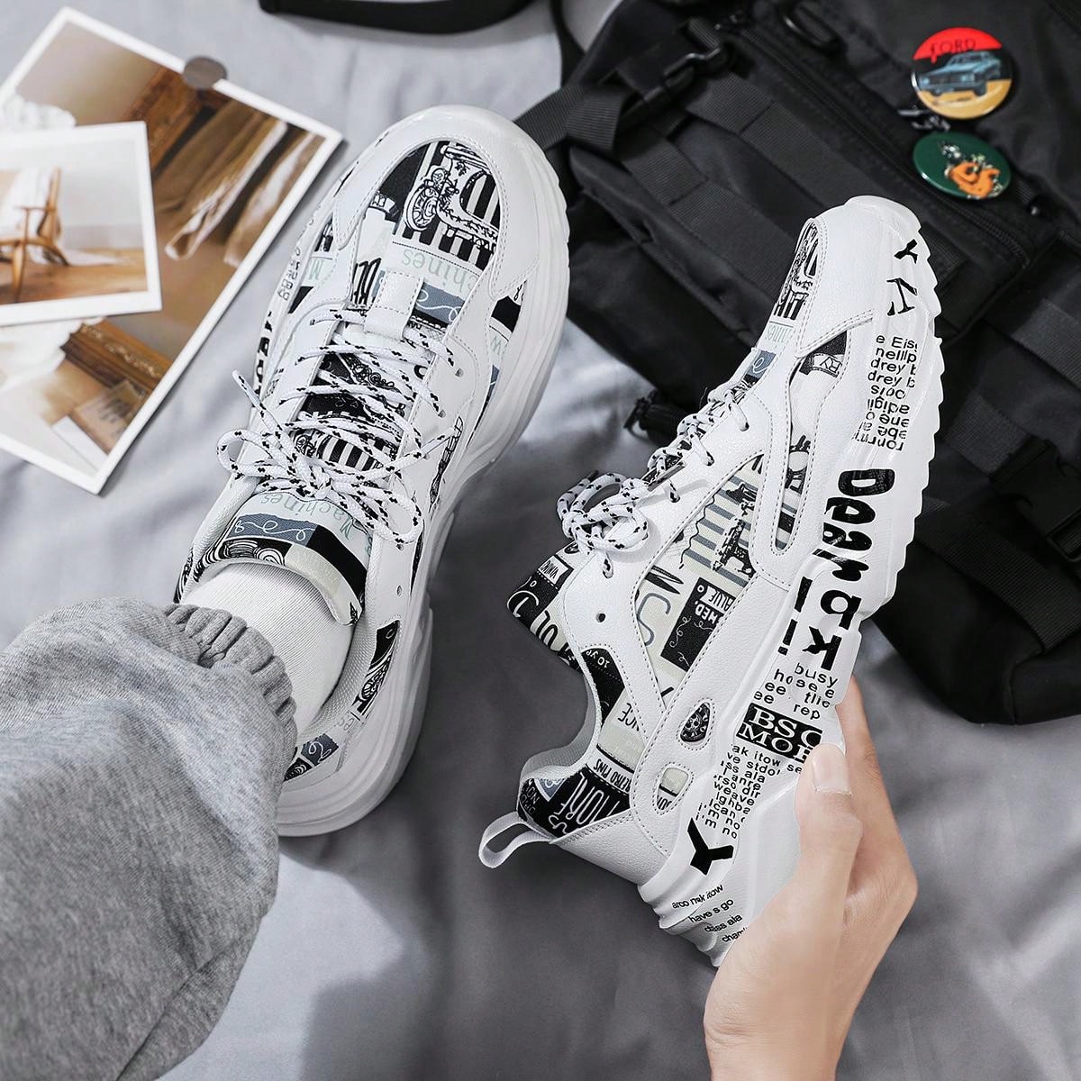 Men Letter Graphic Lace-Up Front Chunky Sneakers, Sport Outdoor Sneakers