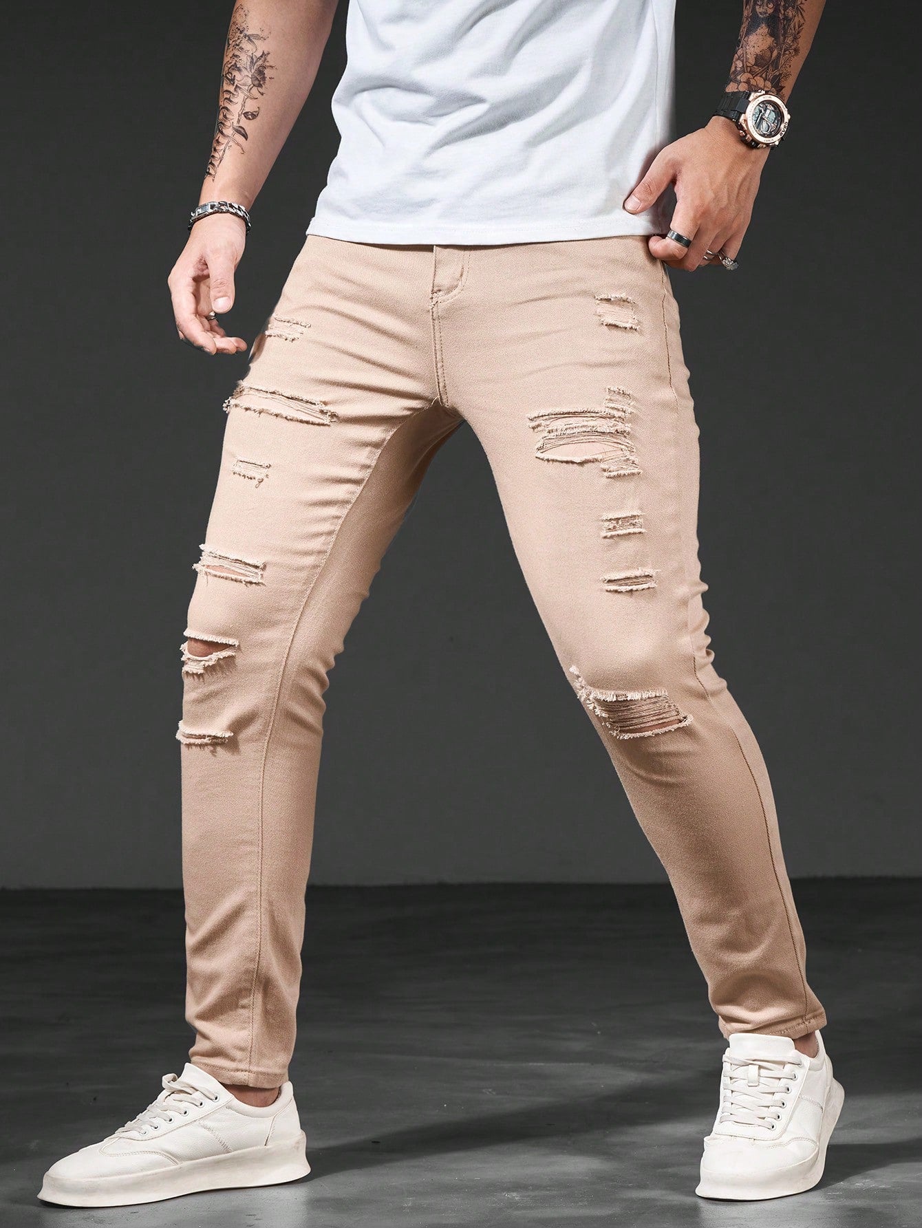 Manfinity LEGND Men Cotton Ripped Frayed Skinny Jeans Slim Fit Long Jean Cargo Plain All White Office Casual Husband