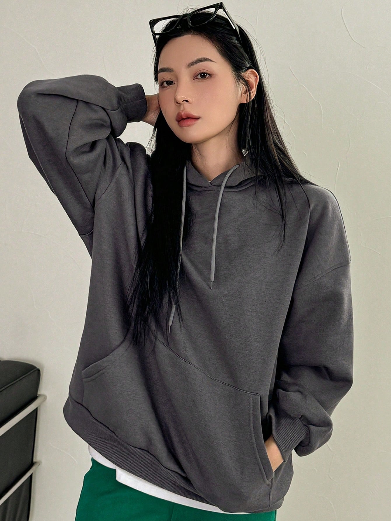 Dazy-Less Kangaroo Pocket Drop Shoulder Drawstring Hoodie