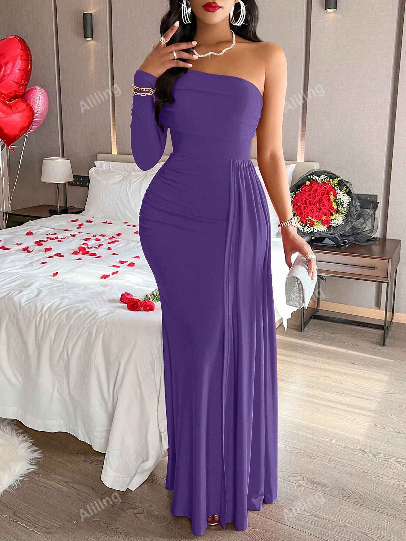 Solid Color Asymmetric Collar Pleated Elegant Long Sleeve Dress