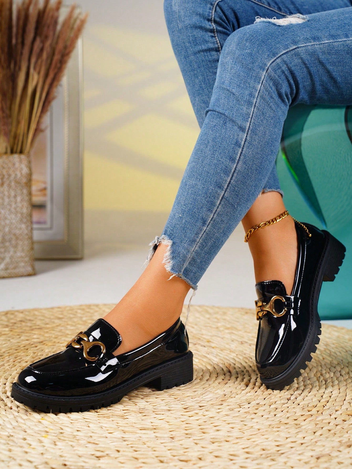 Thick Sole Platform Loafers Wedge Oxford Shoes Women Pointed Toe Lace Up Low Heel Casual Metal Buckle Pumps