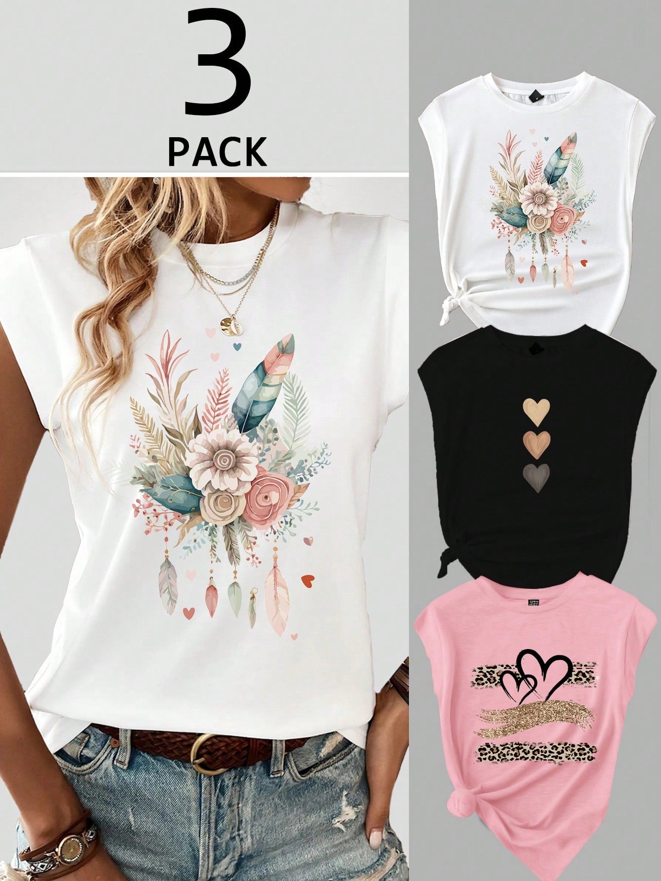 LUNE 3pcs/Set Casual Floral Heart And Leopard Print Round Neck Fitted T-Shirt For Women, Summer