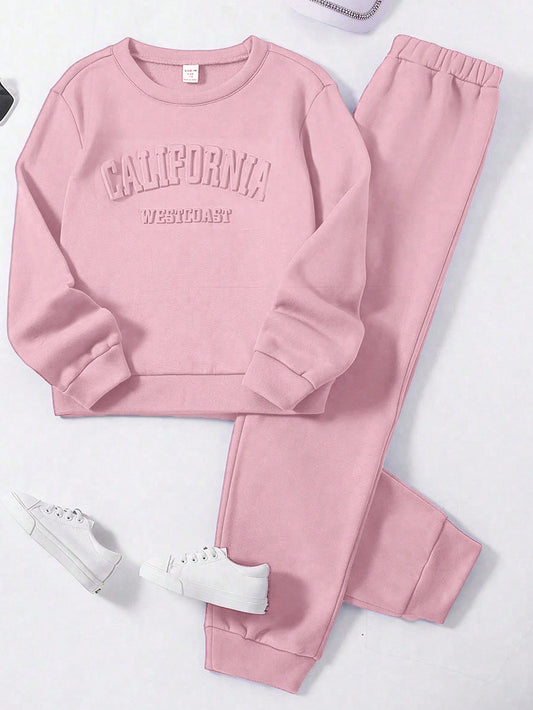 Young Girl Sweet Casual Academy Style Long Sleeve Pullover Sweatshirt And Pants 2pcs Set