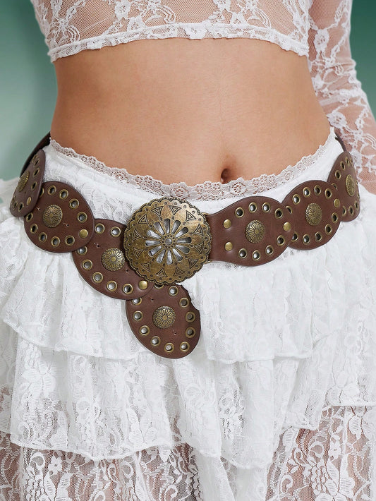 1pc Western Cowboy Bohemian Style Country Belt, Women's Fashion Accessory, Retro Bronze Floral Hollow Buckle Oval Belt Waist Chain, Bohemian Style Belt And Dress Accessory Halloween