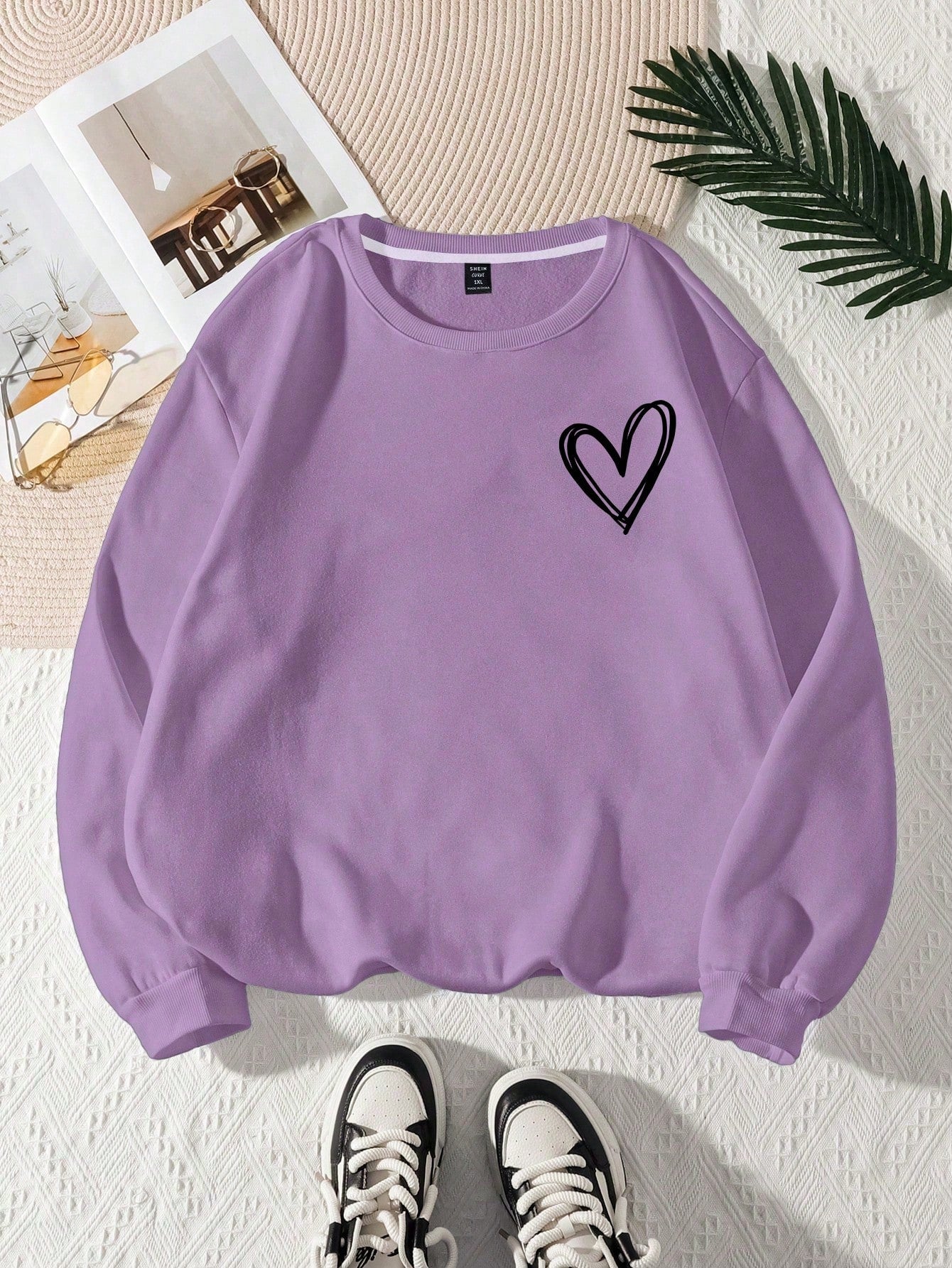 LUNE Plus Size Women Heart Printed Round Neck Long Sleeve Sweatshirt Sports Shirt, For Thanksgiving