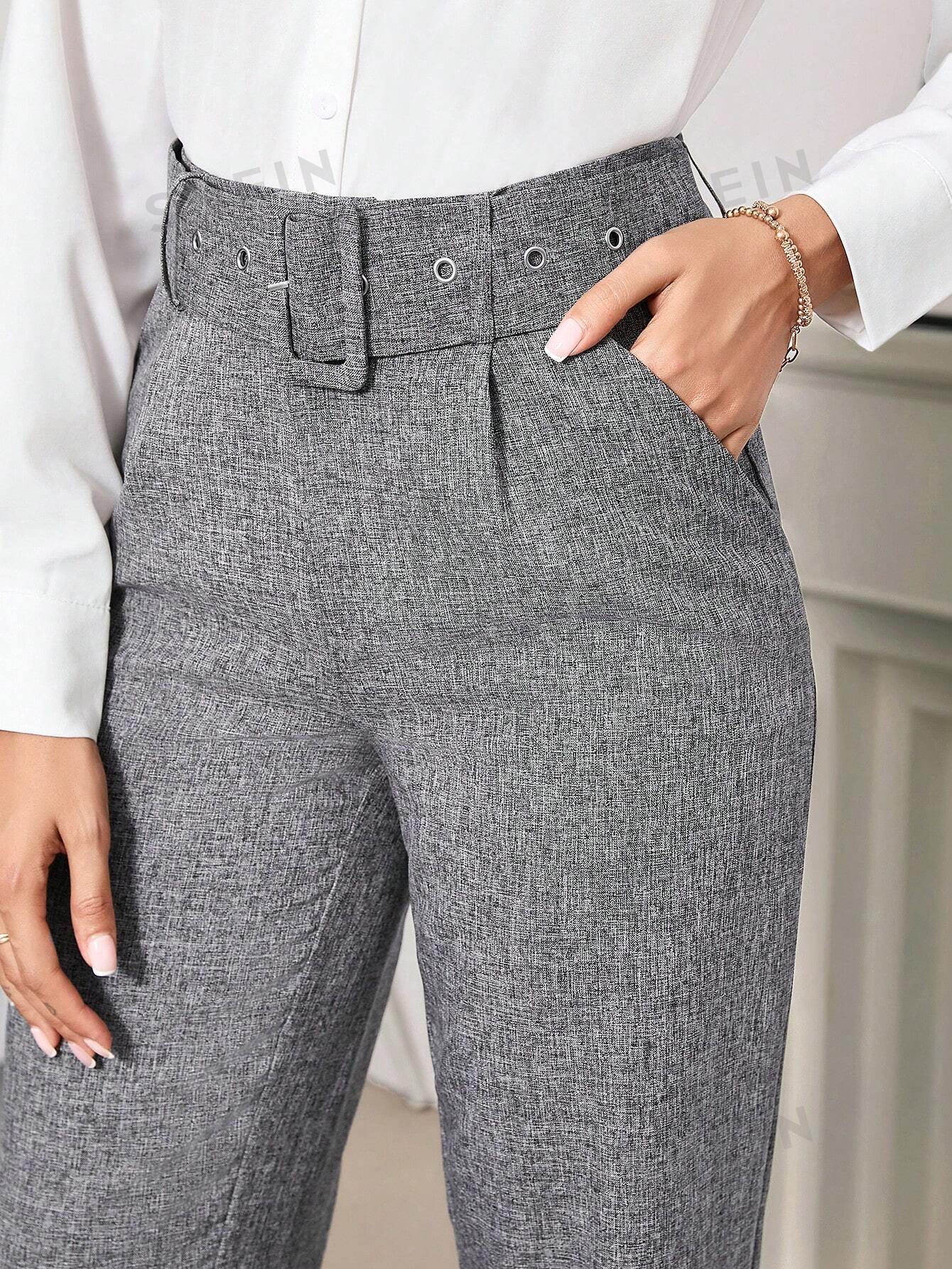 Clasi Women's Elegant Tapered Pants - Flower Gray Color, Long Length, Adjustable Waist Belt, Suitable For Daily Commute