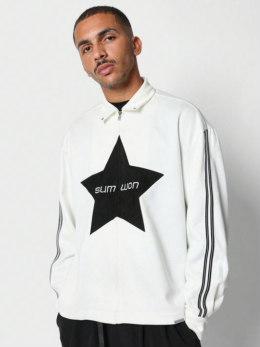 SUMWON Oversized Fit Zip Jacket With Front Star Graphic Print And Stripe On Sleeve