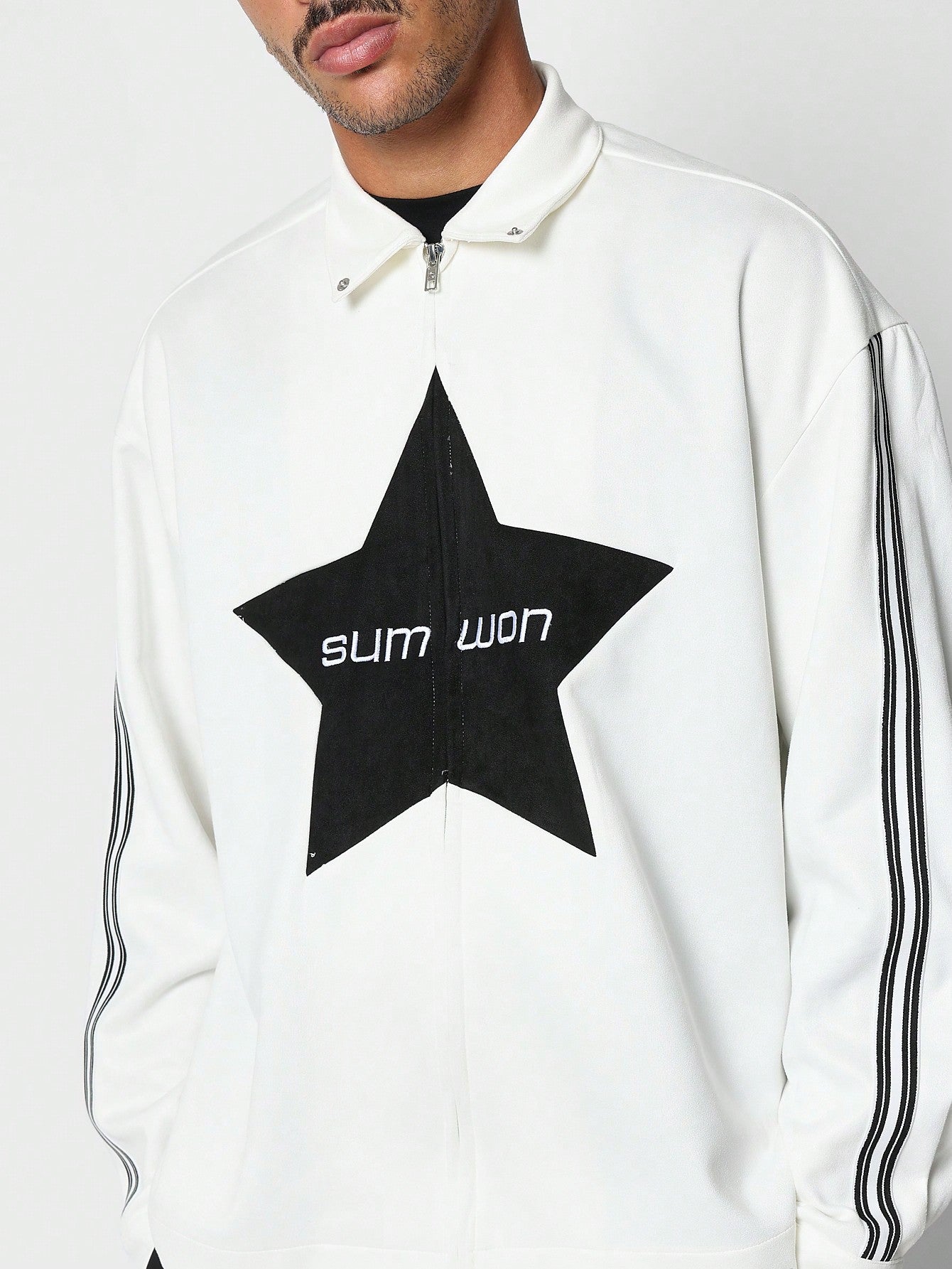 SUMWON Oversized Fit Zip Jacket With Front Star Graphic Print And Stripe On Sleeve