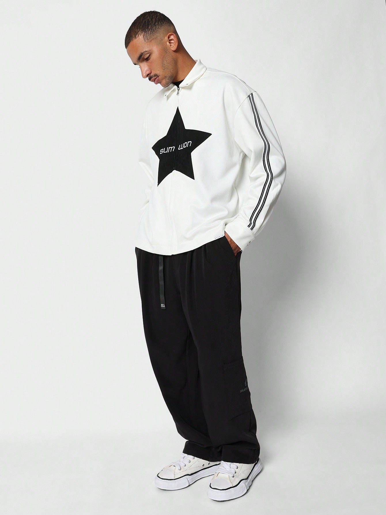 SUMWON Oversized Fit Zip Jacket With Front Star Graphic Print And Stripe On Sleeve