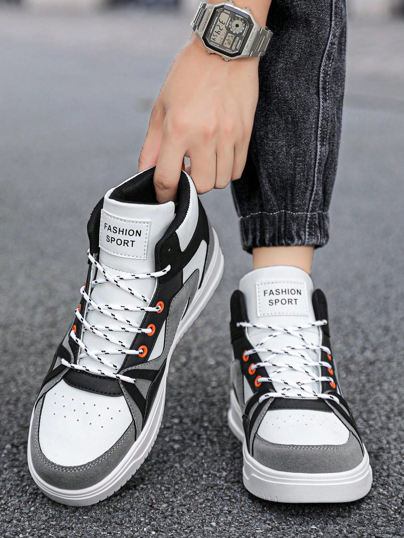 Men's Fashion Thick Sole High-Top Skate Shoes, Letter Patchwork Lace-Up Casual Sneakers For Everyday