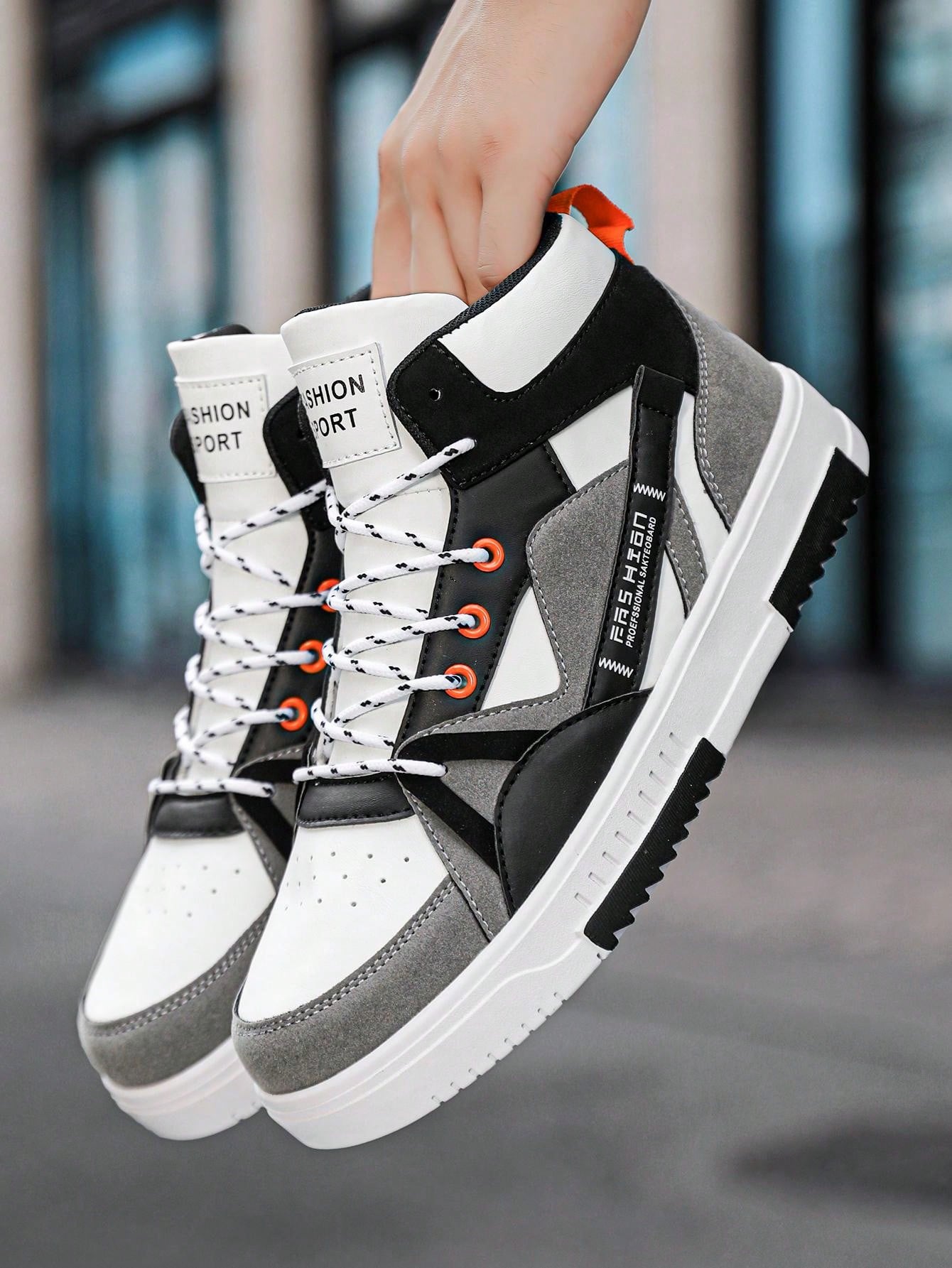 Men's Fashion Thick Sole High-Top Skate Shoes, Letter Patchwork Lace-Up Casual Sneakers For Everyday