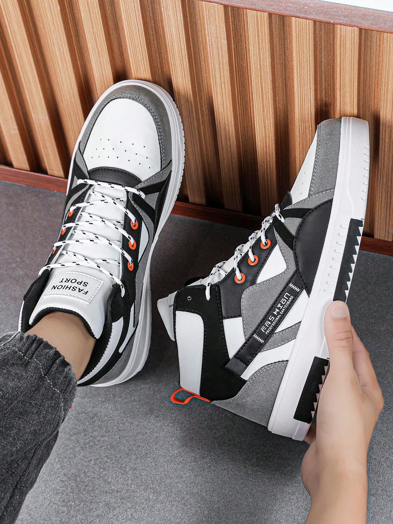 Men's Fashion Thick Sole High-Top Skate Shoes, Letter Patchwork Lace-Up Casual Sneakers For Everyday