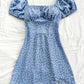 WYWH Women's Blue Vacation Mini Dress With White Polka Dots And Bubble Sleeves With A-Line Skirt And Side Slit