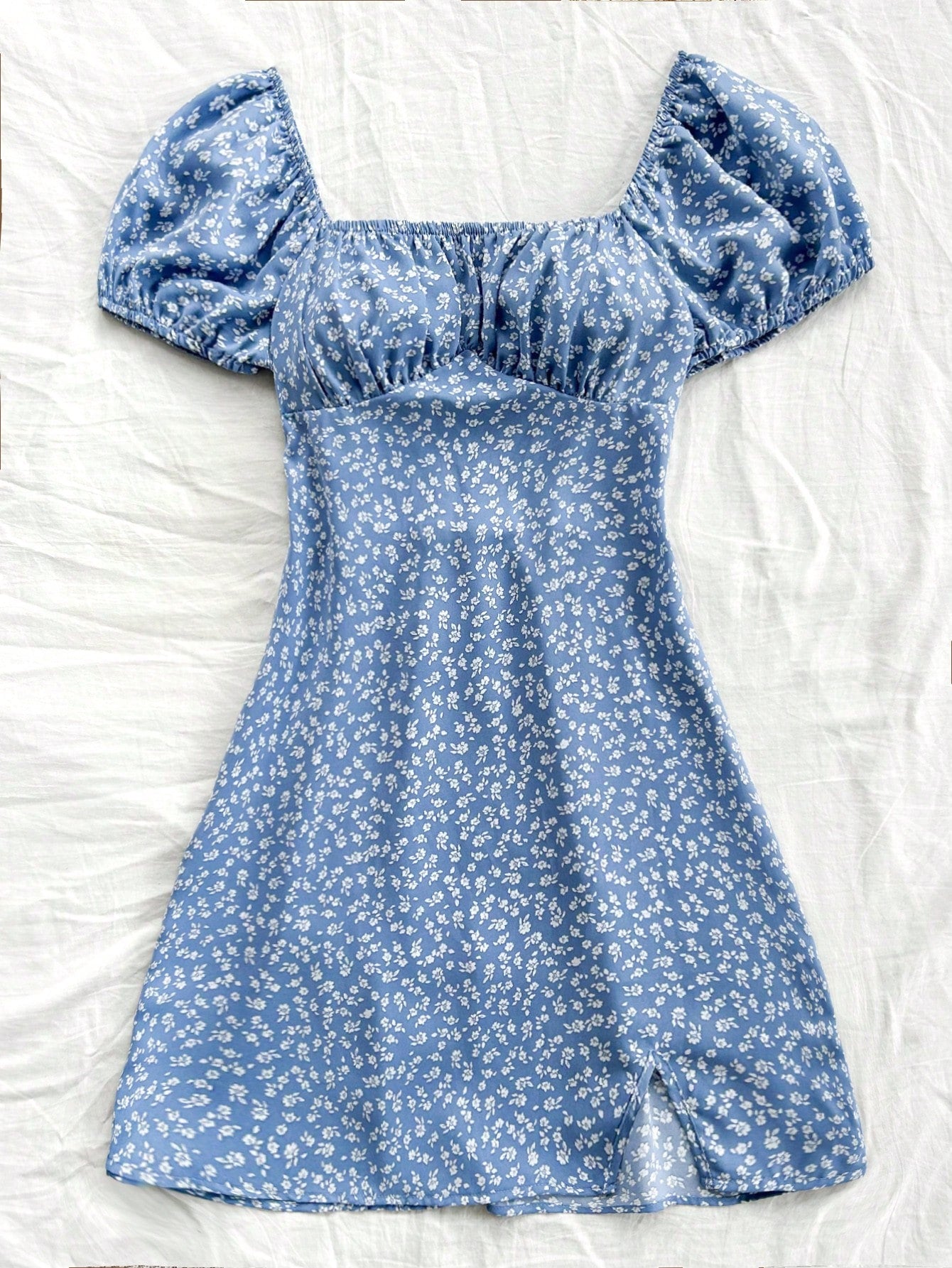 WYWH Women's Blue Vacation Mini Dress With White Polka Dots And Bubble Sleeves With A-Line Skirt And Side Slit