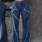 ICON Women Fashion Mottled Washed Denim Patchwork Flared Jeans With Frayed Hem