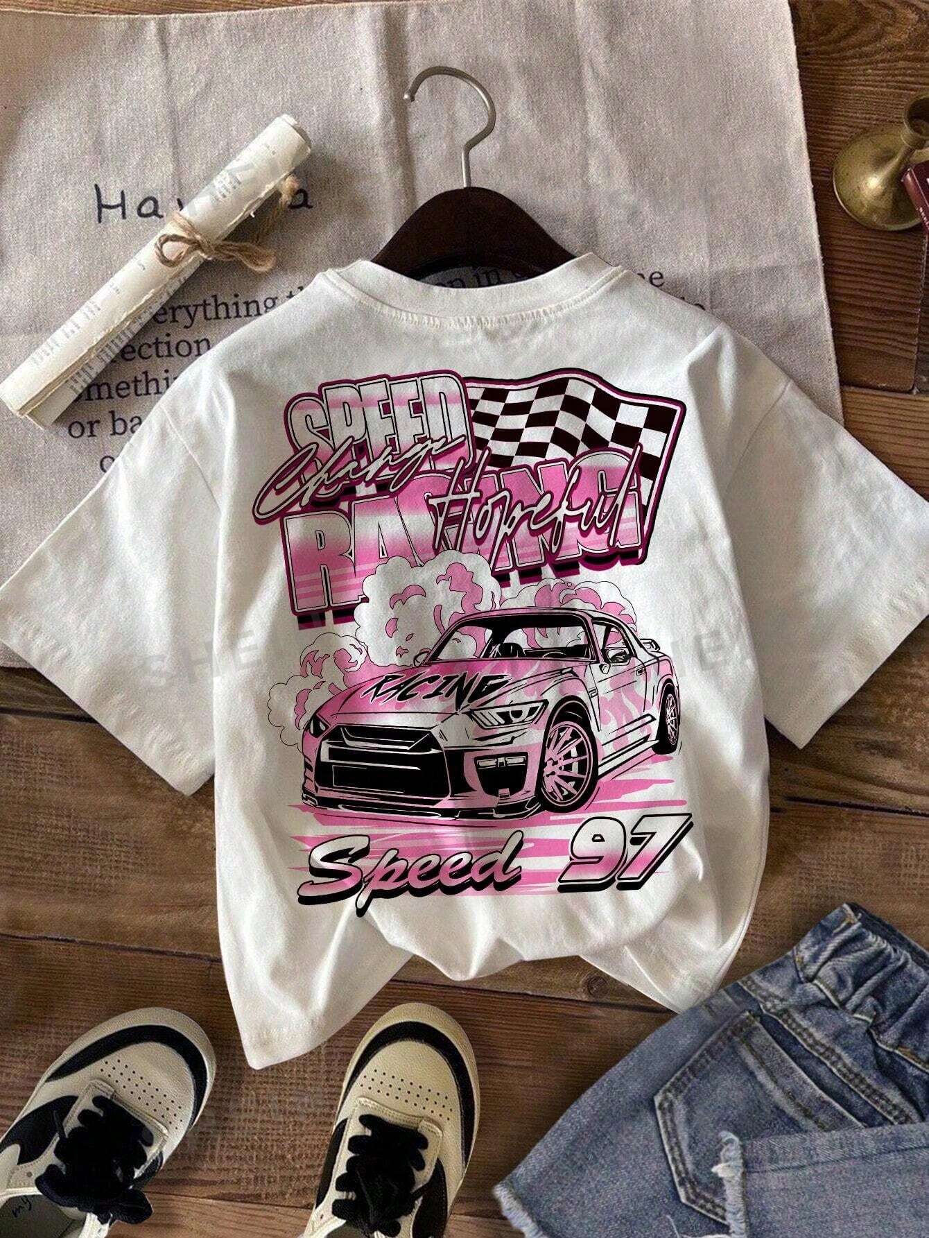 EZwear 3pcs/Set Plus Size Casual "Motivation" Racing Graphic Fitted T-Shirts In Black, White, Pink, Suitable For Summer