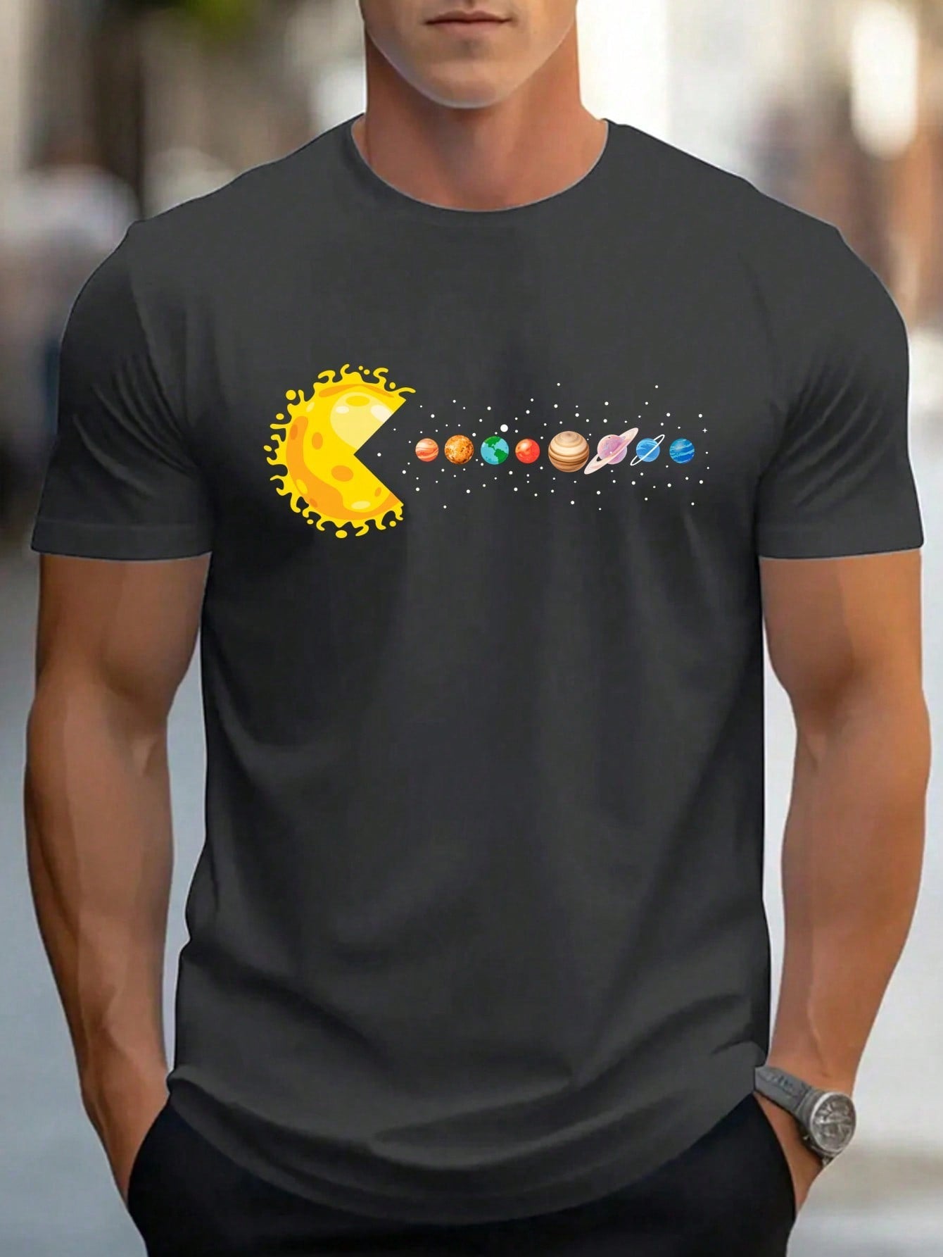 Men's Loose Fit Round Neck Tee With Printed Planets, Daily Casual Wear Short Sleeve T-Shirt