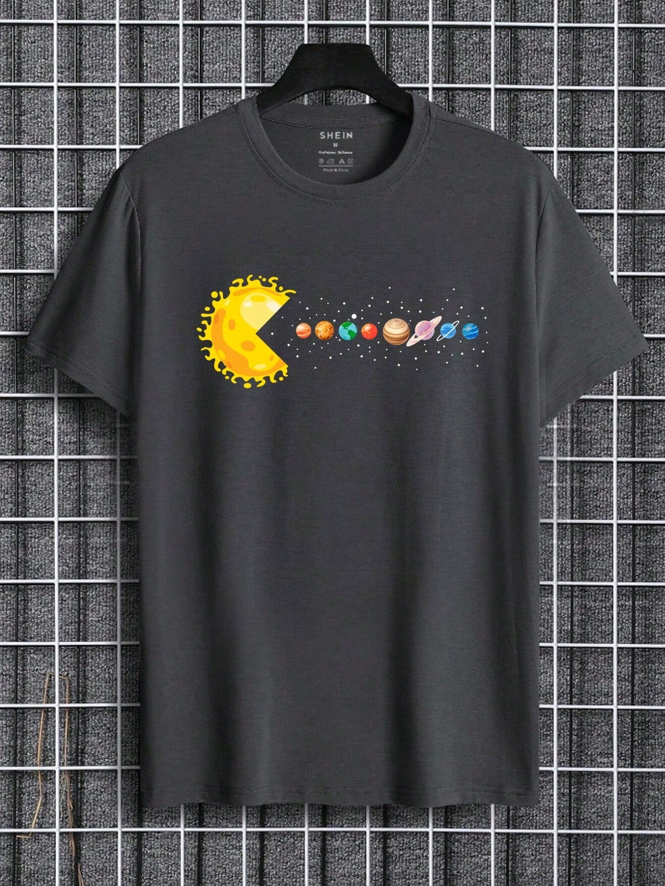 Men's Loose Fit Round Neck Tee With Printed Planets, Daily Casual Wear Short Sleeve T-Shirt