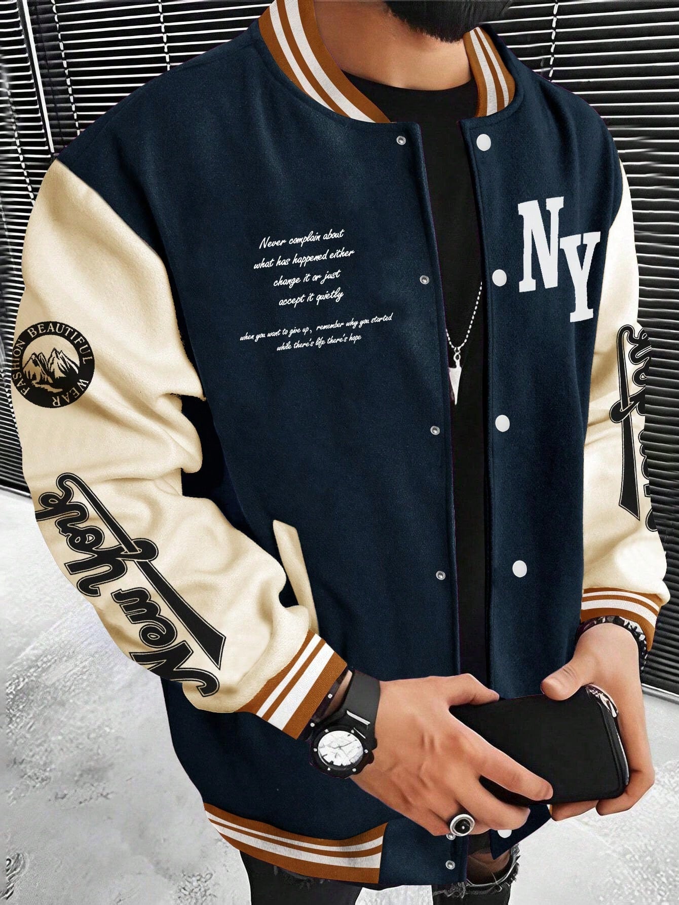 Manfinity Sporsity Men's Solid Color Patchwork Front Button Long Sleeve Letter Print Casual Jacket