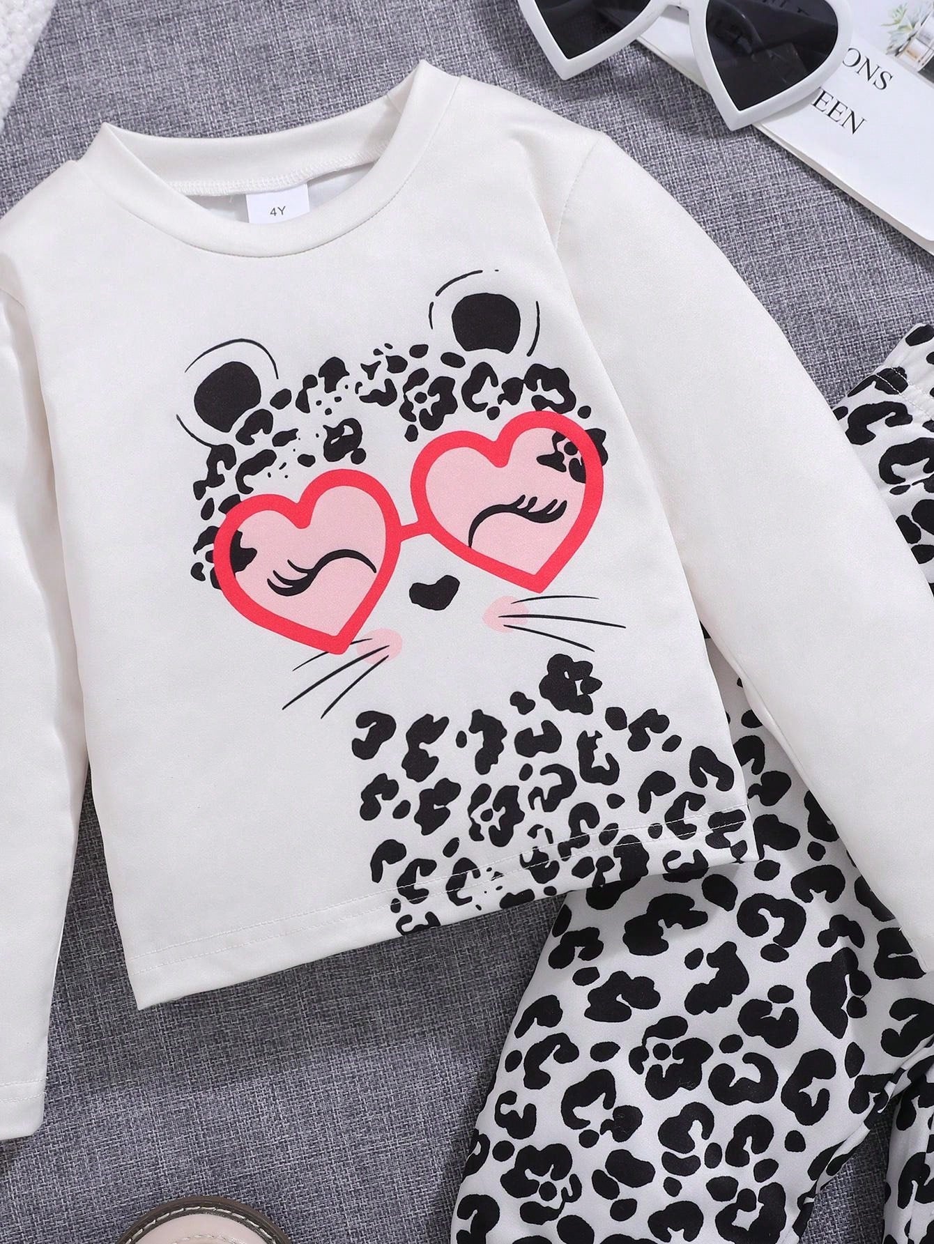 2pcs/Set Young Girl Cartoon Animal Print Long Sleeve T-Shirt And Pants Comfy Outfit