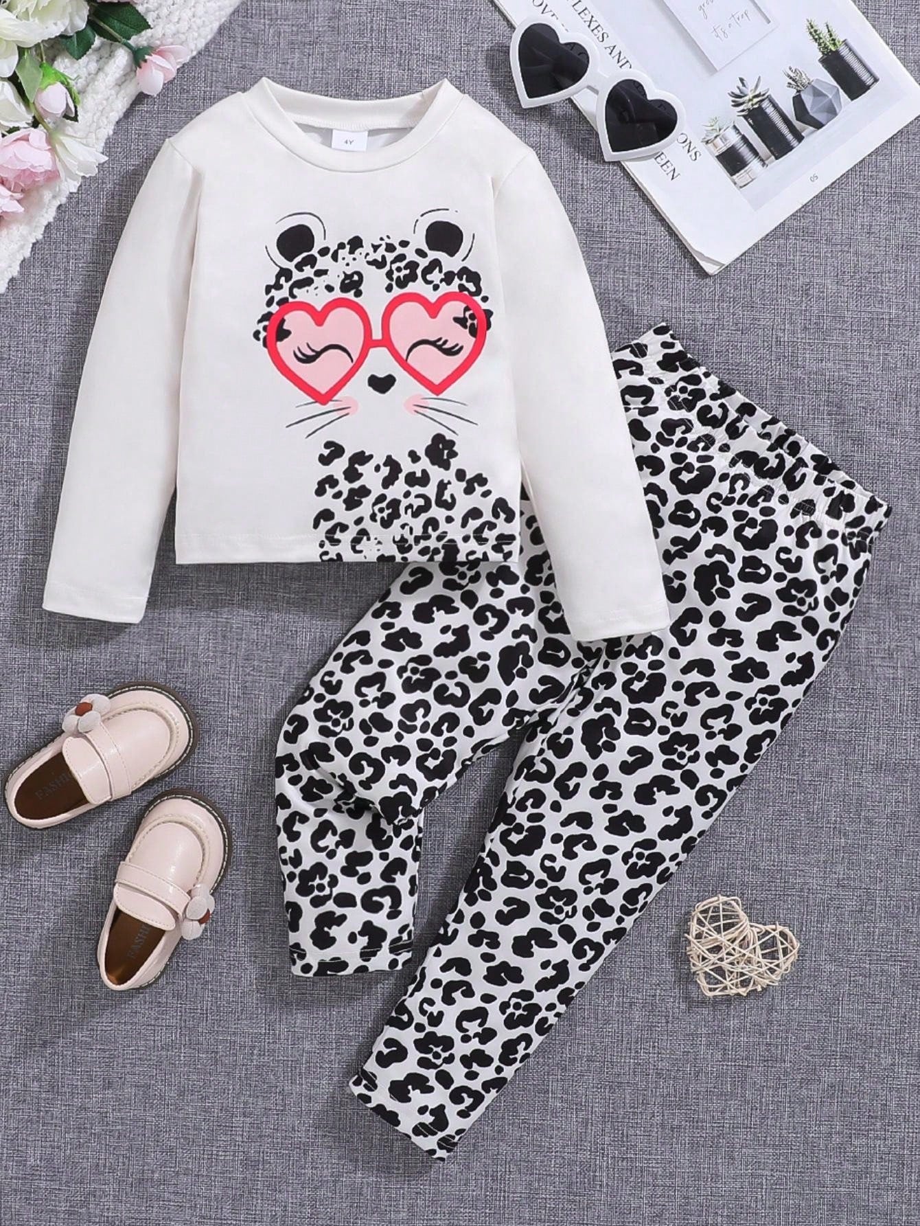 2pcs/Set Young Girl Cartoon Animal Print Long Sleeve T-Shirt And Pants Comfy Outfit