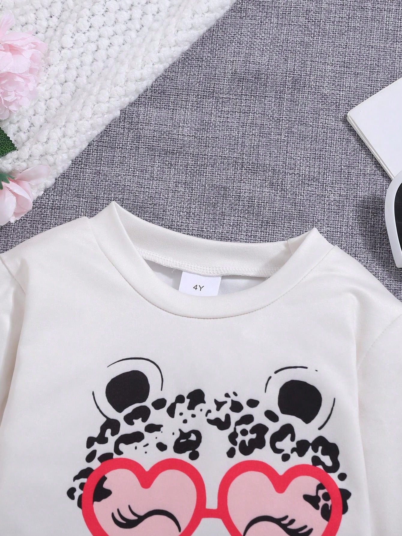 2pcs/Set Young Girl Cartoon Animal Print Long Sleeve T-Shirt And Pants Comfy Outfit