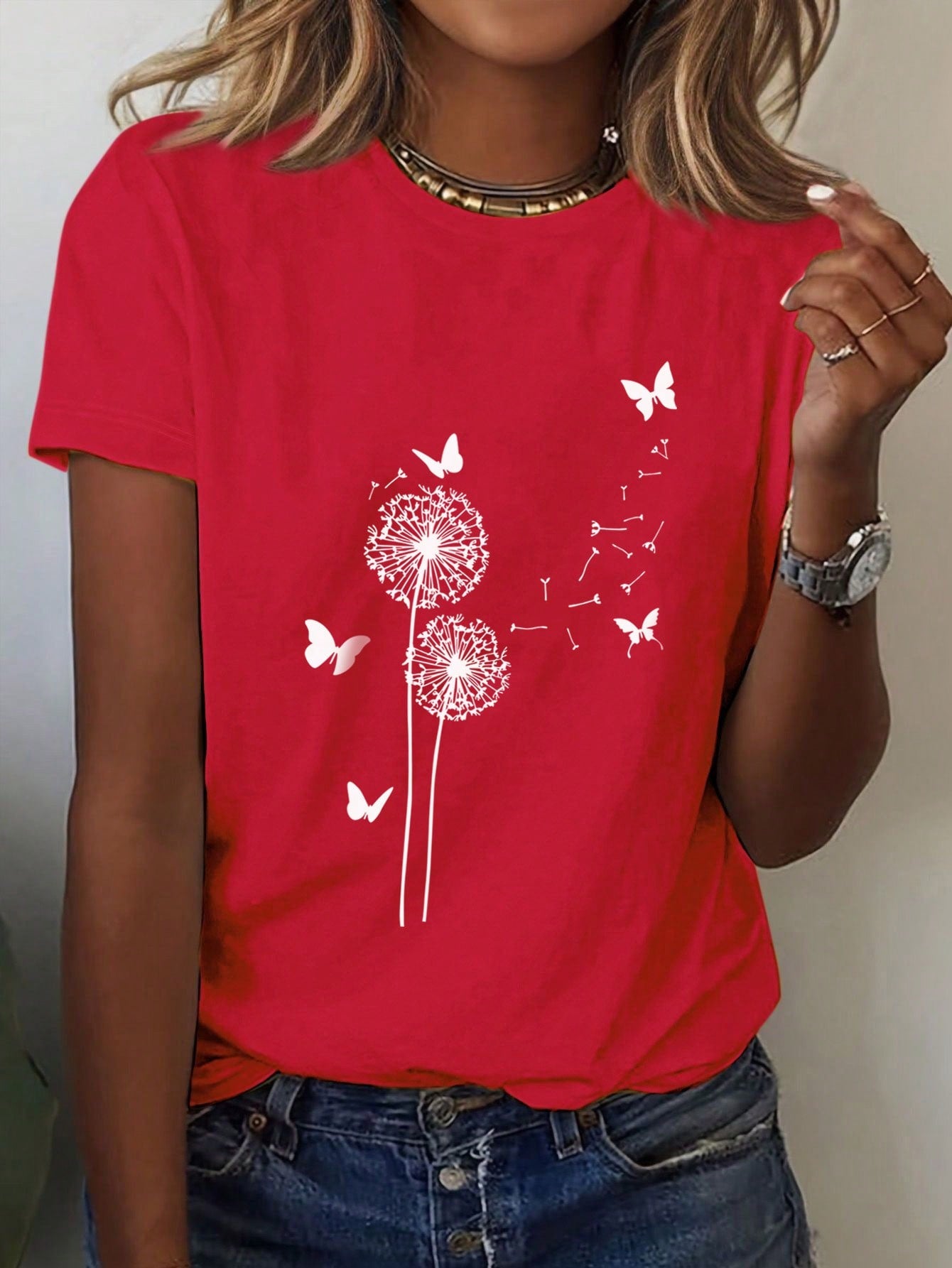 EMERY ROSE Dandelion Butterfly Pattern Short Sleeve Round Neck T-Shirt Casual Graphic Tees Women Tops