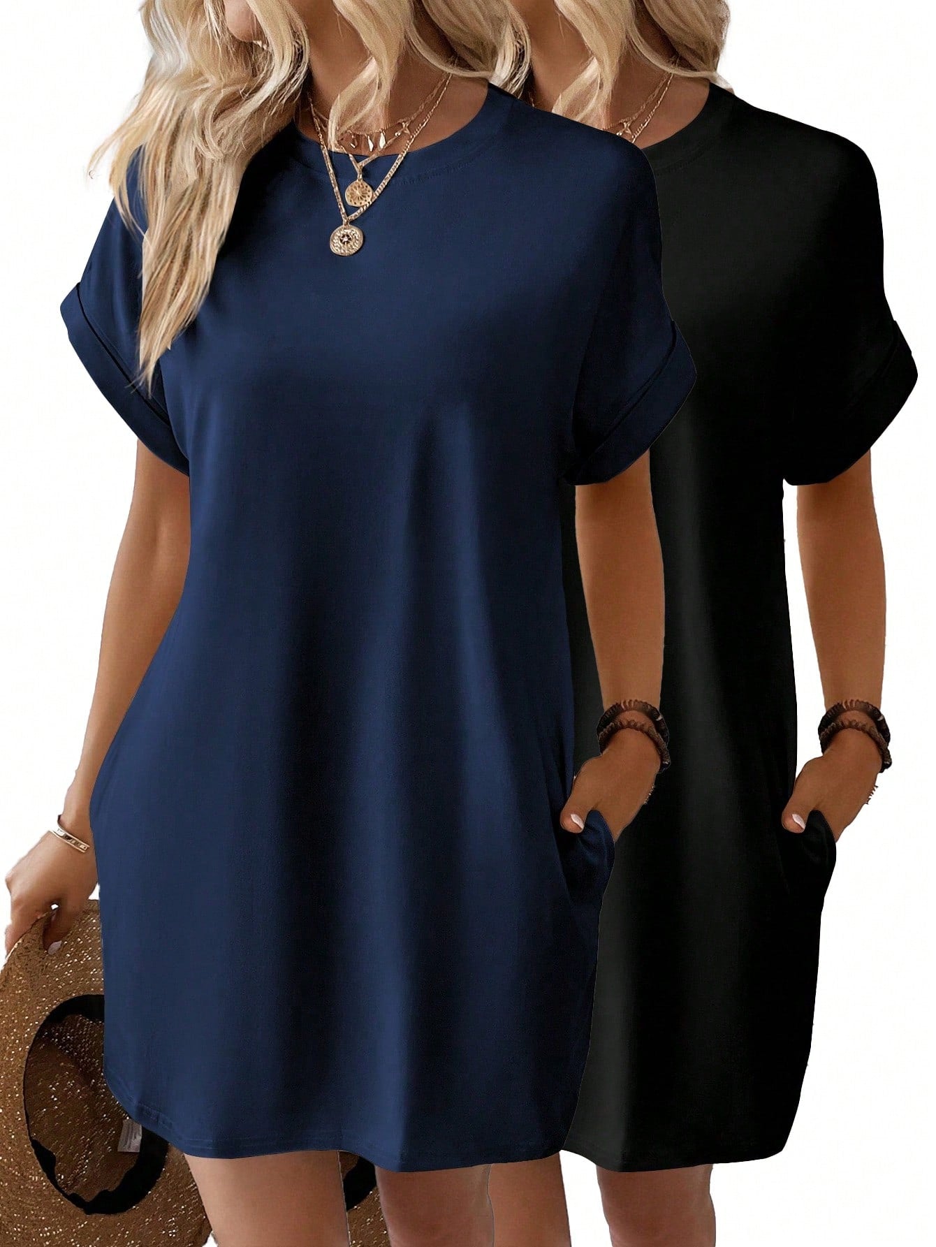 LUNE Solid Hidden Pocket Batwing Sleeve Tee Dress