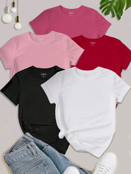 EZwear 5PCS Women's Simple Solid Color Crew Neck Short Sleeve T-Shirts