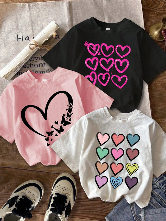 Young Girls' Casual Simple Cartoon Heart Printed T-Shirt 3-Pack, Suitable For Summer