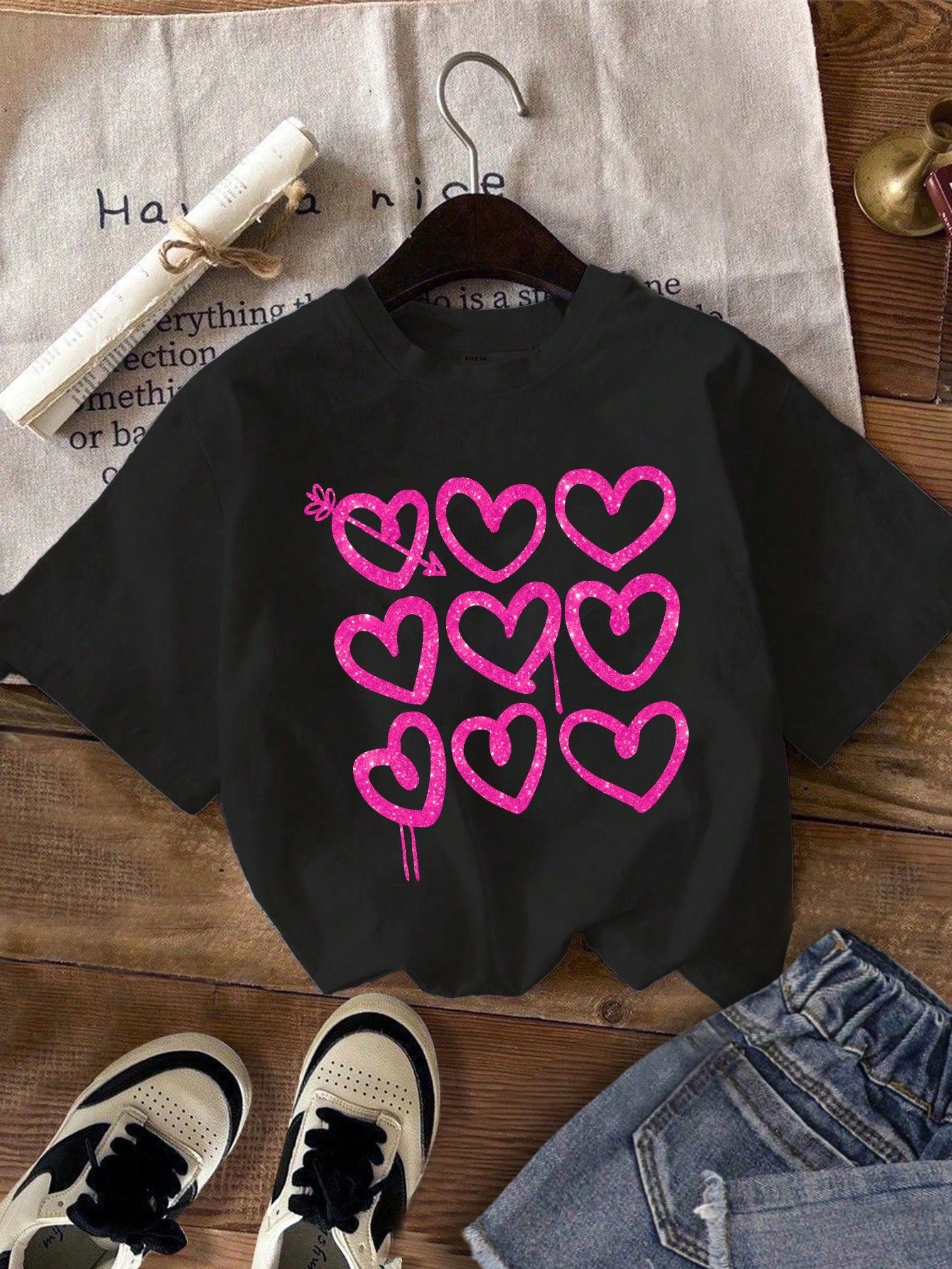 Young Girls' Casual Simple Cartoon Heart Printed T-Shirt 3-Pack, Suitable For Summer